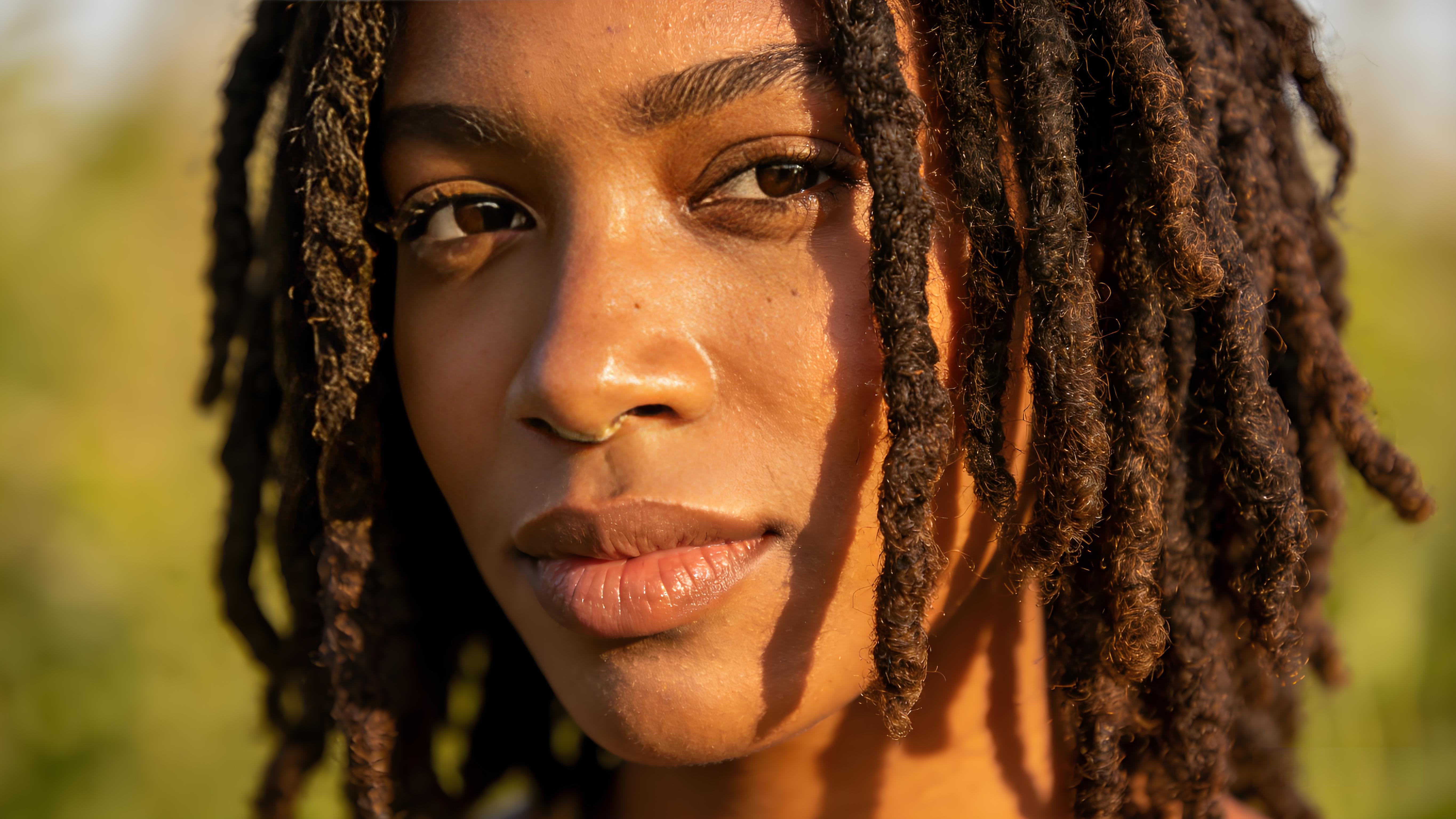 Close-up of well-maintained dreadlocks on a person with dark skin, natural lighting