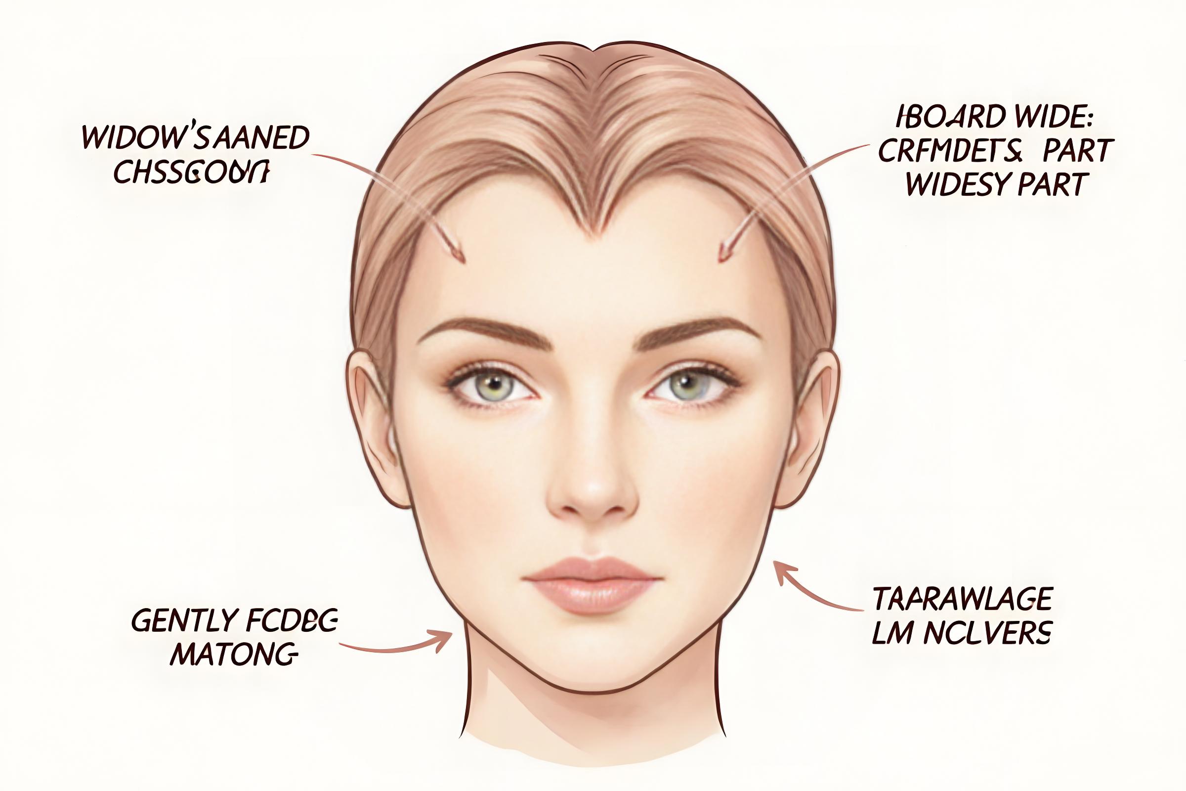 Heart-shaped face diagram showing widow's peak, wide forehead, and pointed chin features