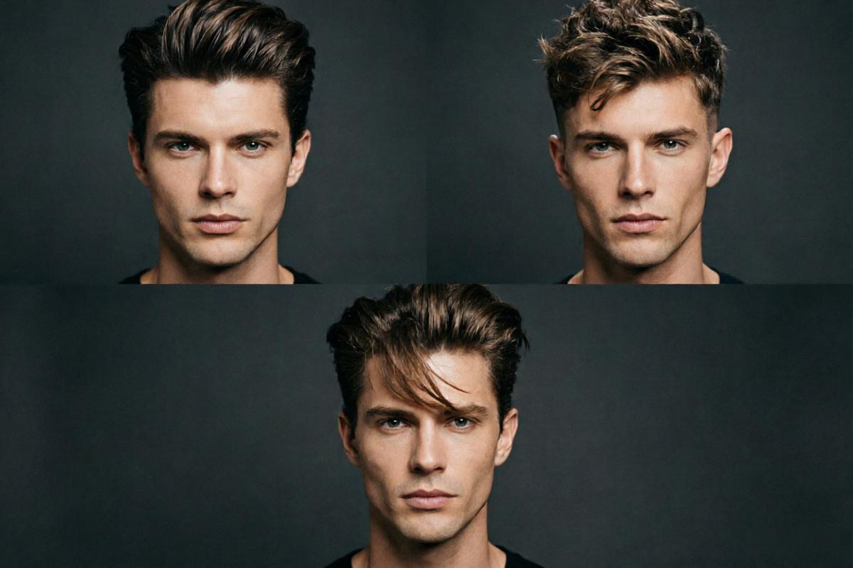 Men's hairstyles for heart-shaped face including quiffs and textured cuts