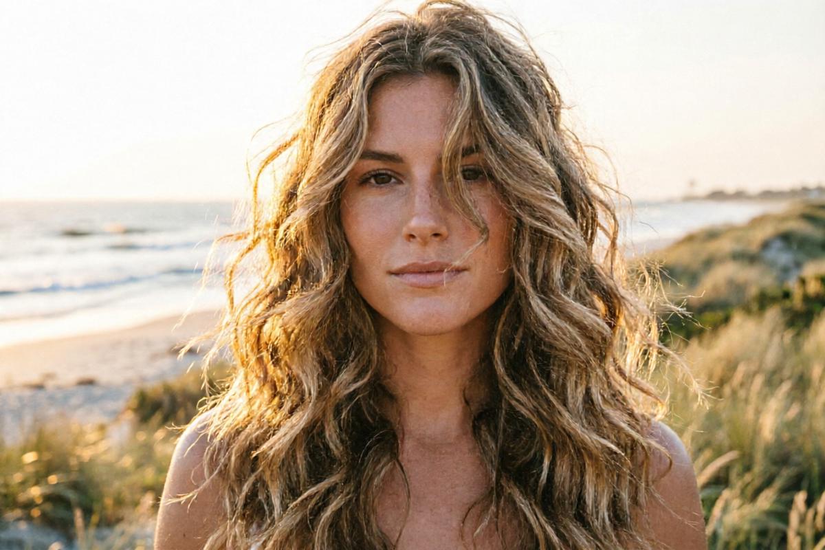Long beach waves hairstyle for heart-shaped face with face-framing layers