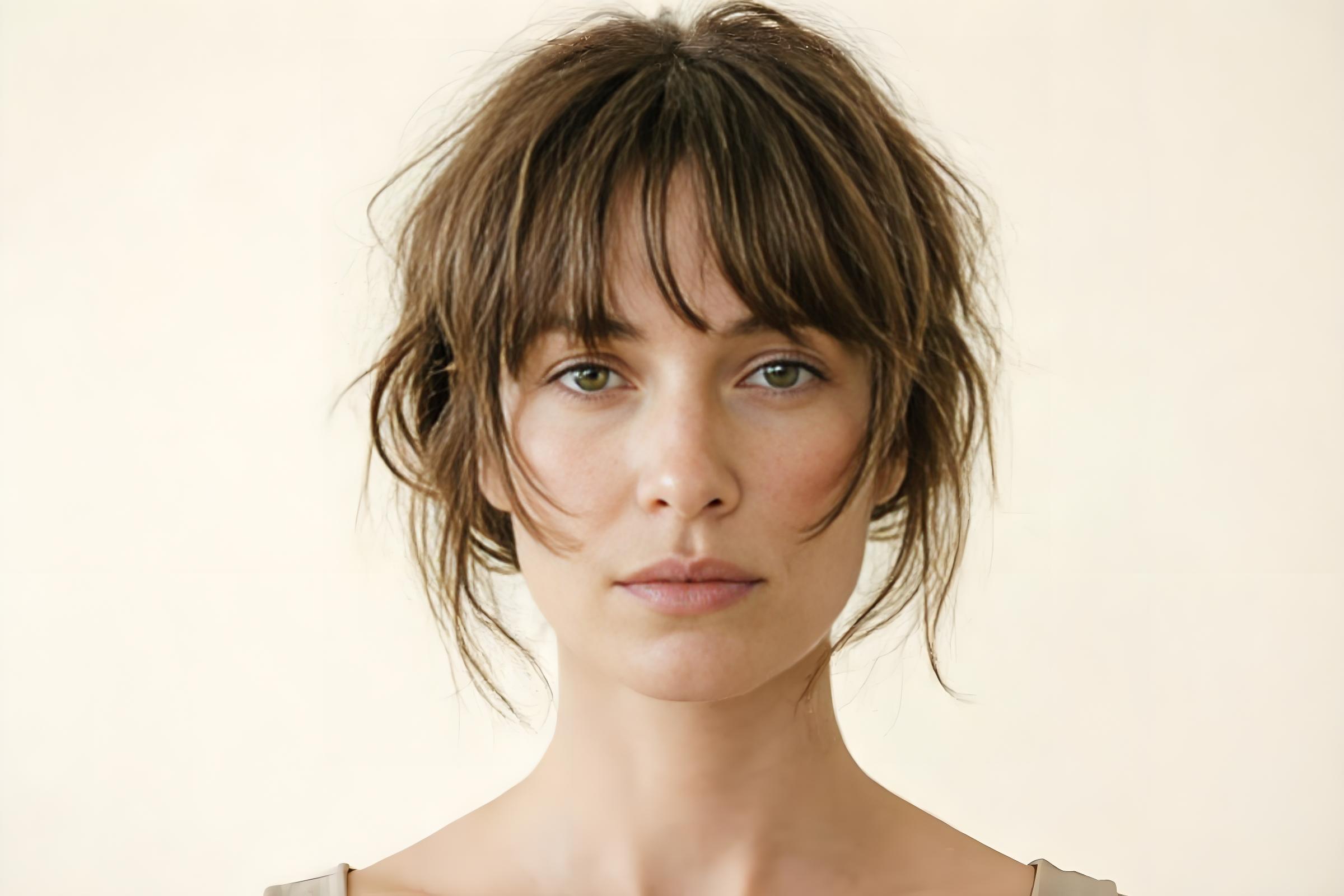 Oval face with curtain bangs showing face-framing effect