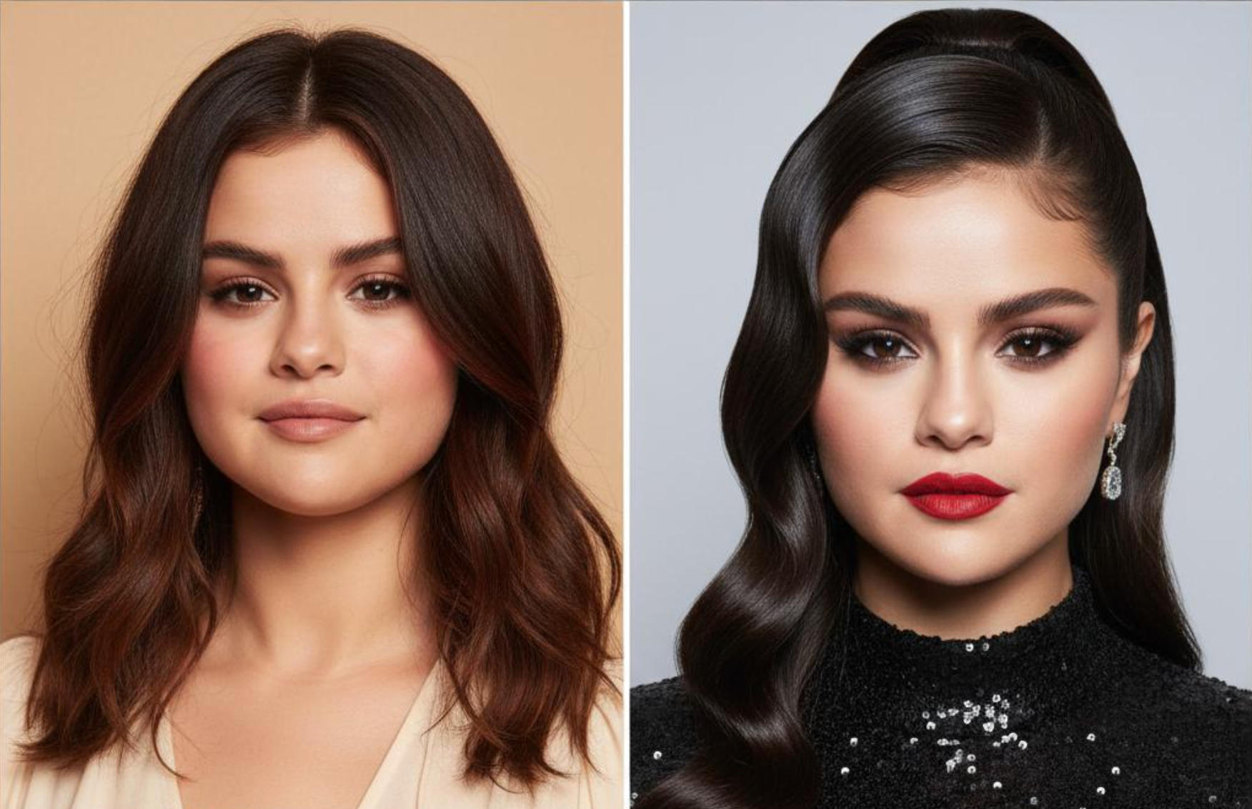 Selena Gomez round face transformation hairstyle comparison