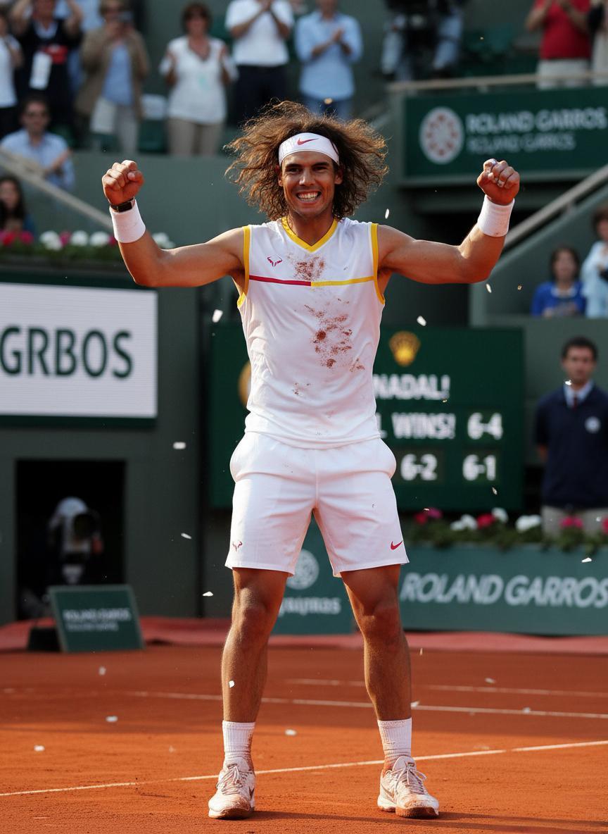 Rafael Nadal celebrating 2008 Wimbledon victory with flowing hair
