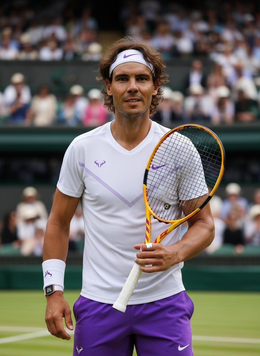 Rafael Nadal in 2020 with full hair at Wimbledon