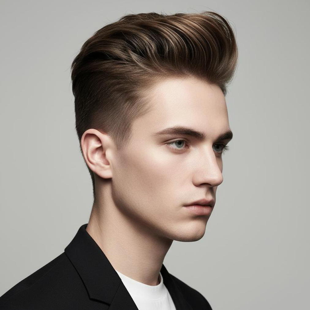 Disconnected Pompadour - avant-garde styling with dramatic lines Disconnected Pompadour with sharp contrast line