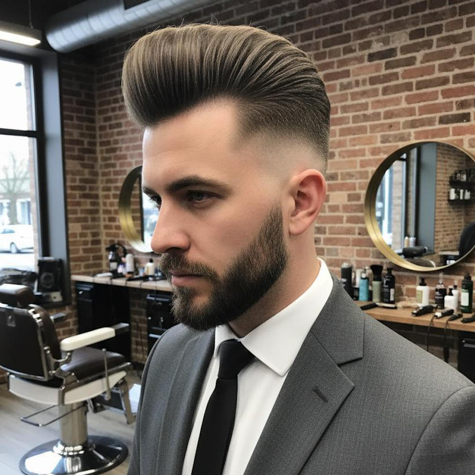 Pompadour Fade - modern edge with dramatic contrast Pompadour Fade with sharp contrast between top and sides