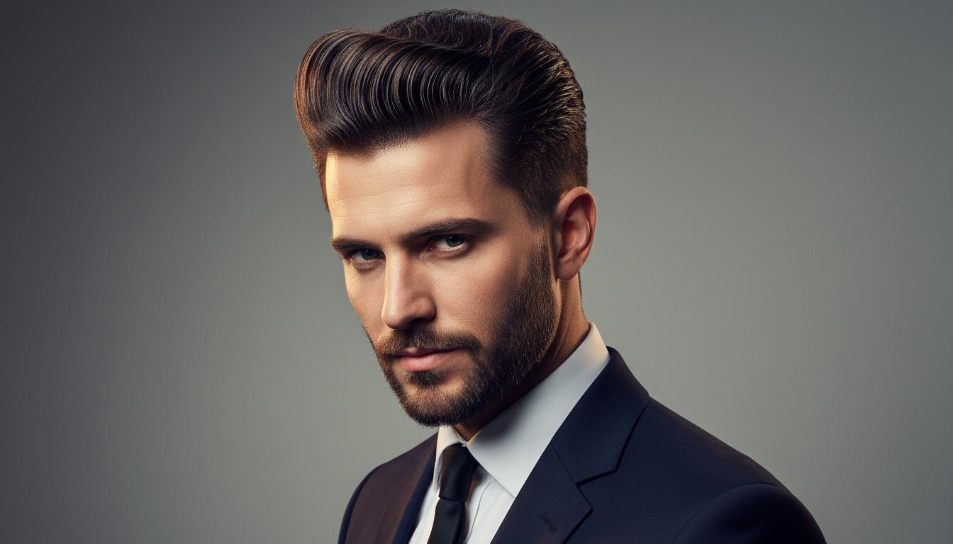 The classic Pompadour hairstyle with modern styling techniques Modern Pompadour hairstyle on handsome man with volume and texture