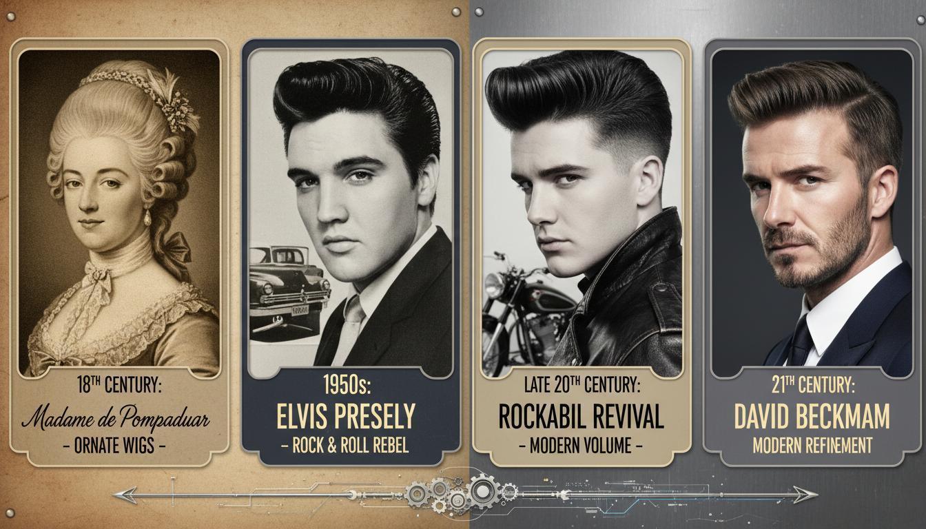 The Pompadour's journey through history from Madame de Pompadour to modern icons Historical evolution of Pompadour hairstyle from 18th century to modern day