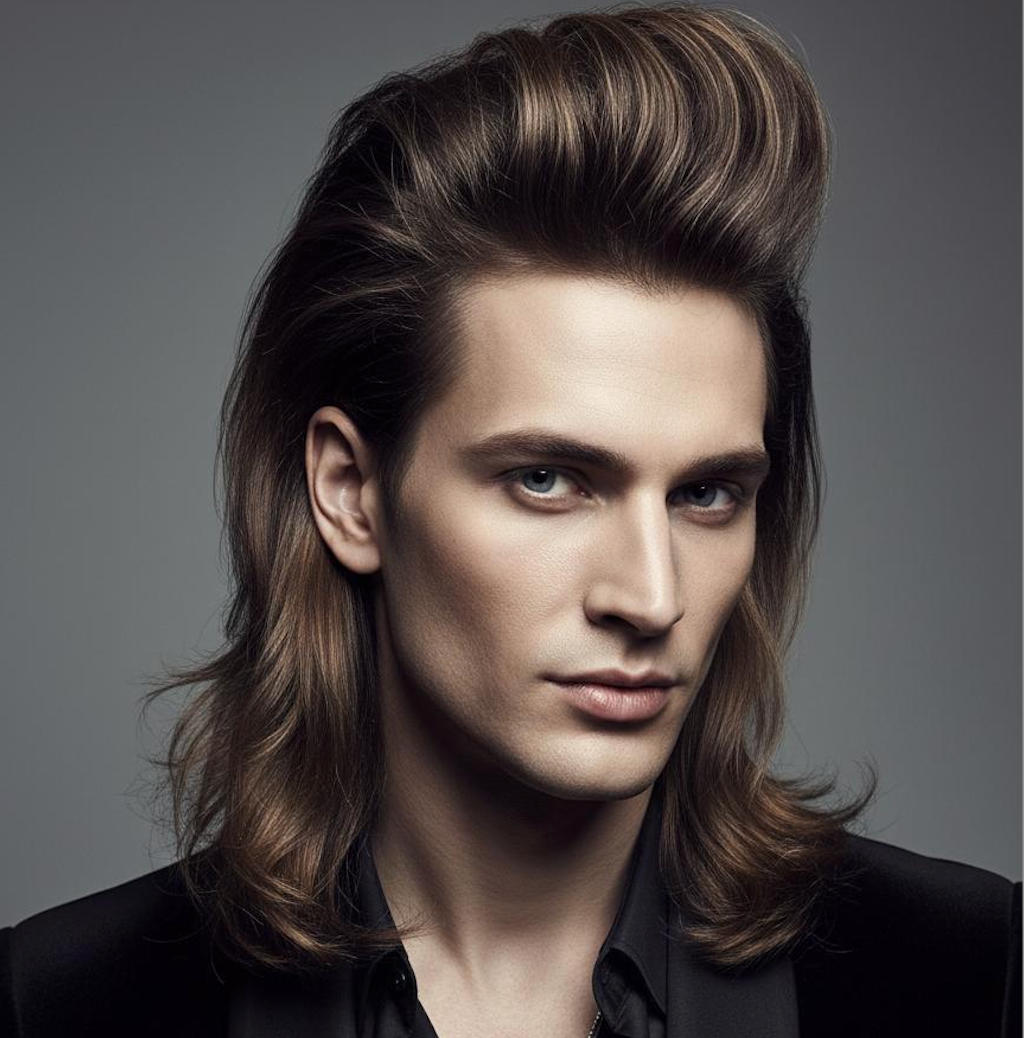 Long Pompadour - maximum volume for dramatic impact Long Pompadour with dramatic height and flowing volume
