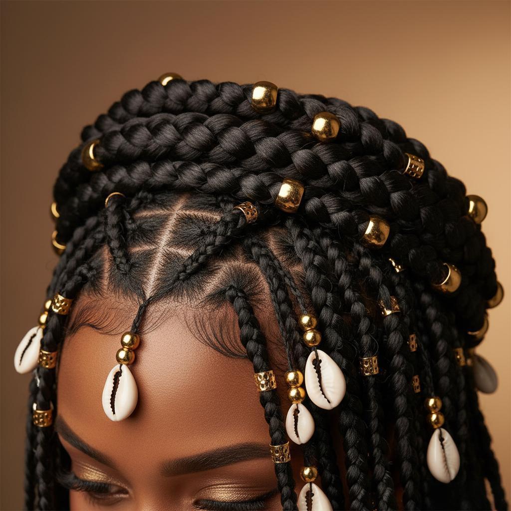 Detail shot of Rihanna's intricate goddess braids with gold beads Close-up of Rihanna's goddess braids with gold accessories